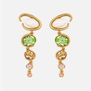 Oscar de la Renta Baroque Pearly “O” Gold Green Drop Earrings